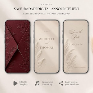 May include: Three smartphones displaying a digital save the date announcement. The first screen shows a dark red envelope with floral embossing. The second and third screens show cream-coloured templates with text reading Michelle and Thomas.
