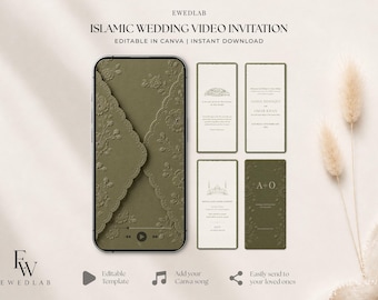 May include: An Islamic wedding video invitation template featuring a smartphone displaying an olive green envelope with floral embossing, alongside four vertical digital cards with text details, editable in Canva.