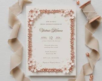 Editable Pearl Bridal Shower Invitation Template + Blush Pink Cherry Blossom Electronic Card, Instant Download