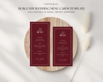 Modello di menù per matrimonio color bordeaux: formati 4x8 e 4x9, modifica e stampa il modello Canva, scaricalo