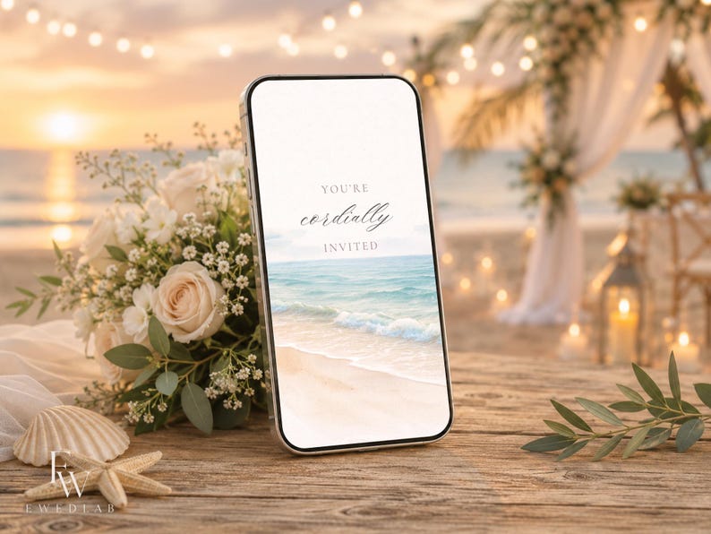 May include: A smartphone displaying a digital wedding invitation with the text "YOU'RE cordially INVITED" over a beach scene. Next to the phone is a bouquet of white roses and baby's breath, a seashell, and a starfish on a wooden surface.