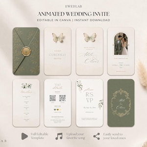 Invito di nozze verde salvia, invito elettronico animato con rivelazione della busta per WhatsApp, annuncio elegante, modello di invito verde salvia