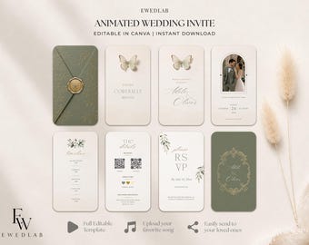 May include: A set of digital wedding invitation templates featuring an olive green envelope with a gold wax seal, cream-colored cards with butterfly illustrations, floral accents, QR codes, and text including "You're cordially invited," "RSVP," and "Timeline."