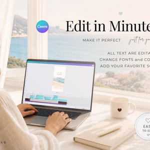 May include: A laptop displaying a Canva interface with an editable digital invitation template. The screen shows a beach-themed design. Text on the image reads: Edit in Minutes, MAKE IT PERFECT, just for you, ALL TEXT ARE EDITABLE, CHANGE FONTS and COLOR, ADD YOUR FAVORITE SONG, EASY TO EDIT.