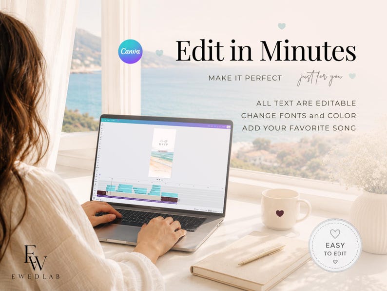 May include: A laptop displaying a Canva interface with an editable digital invitation template. The screen shows a beach-themed design. Text on the image reads: Edit in Minutes, MAKE IT PERFECT, just for you, ALL TEXT ARE EDITABLE, CHANGE FONTS and COLOR, ADD YOUR FAVORITE SONG, EASY TO EDIT.