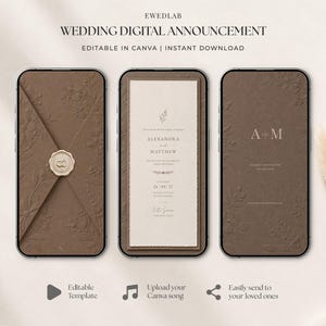 Könnte beinhalten: Drei Smartphones zeigen eine digitale Hochzeitsankündigungsvorlage. Die Bildschirme zeigen einen braunen Umschlag mit Wachssiegel, eine cremefarbene Einladungskarte mit Text für Alexandra und Matthew sowie eine braune Karte mit den Initialen A und M.