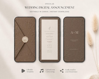 May include: Three smartphones displaying a digital wedding announcement template. The screens show a brown envelope with a wax seal, a cream-colored invitation card with text for Alexandra and Matthew, and a brown card with the initials A and M.