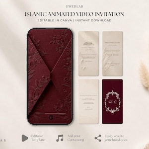 May include: A digital display of an Islamic animated video invitation featuring a dark red envelope with embossed floral patterns on a smartphone, alongside four rectangular cards with text details and a decorative monogram in cream and dark red.