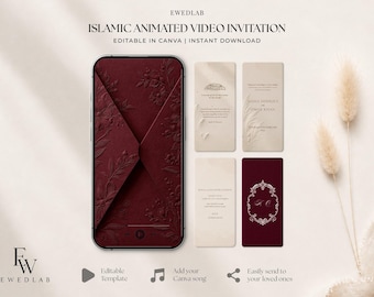 Animated Wedding Invitation Video Template, Canva Editable Digital Invite, Burgundy Islamic Nikah Digital Announcement
