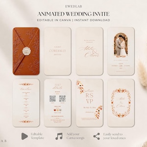 May include: An animated wedding invitation template set featuring a burnt orange envelope with a wax seal, and seven cream-colored digital cards. The cards display text including "You're cordially invited," "Adèle & Oliver," "Timeline," "Details," and "RSVP," along with a photo placeholder and QR codes.