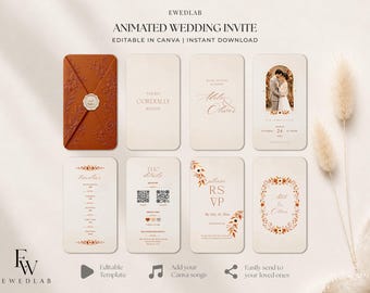 May include: An animated wedding invitation template set featuring a burnt orange envelope with a wax seal, and seven cream-colored digital cards. The cards display text including "You're cordially invited," "Adèle & Oliver," "Timeline," "Details," and "RSVP," along with a photo placeholder and QR codes.