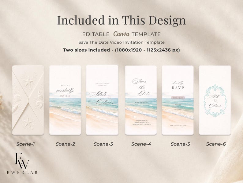 May include: An editable Canva template for a Save The Date video invitation featuring six scenes with a beach theme. The text includes Included in This Design, Save The Date, and RSVP. The dimensions are 1080x1920 and 1125x2436 pixels.