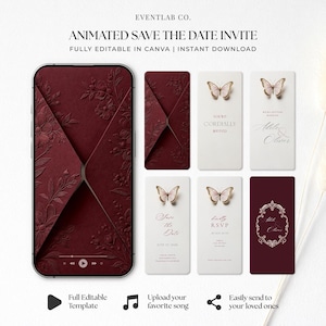 Peut inclure: Un modèle d'invitation numérique animée pour save the date présentant une enveloppe bordeaux profond avec des détails floraux en relief sur un écran de smartphone, accompagné de cinq cartes verticales avec des papillons et du texte élégant.