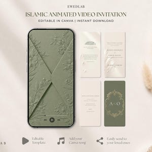 Animated Islamic Wedding Invitation Video Template, Canva Editable Digital Invite, Sage Green Islamic Nikah Digital Announcement
