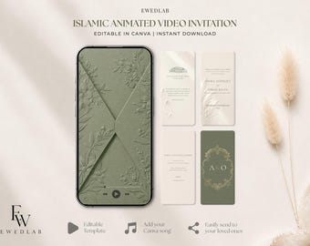 May include: An Islamic animated video invitation template featuring a smartphone displaying a sage green envelope with embossed floral details, alongside three digital invitation cards with text and a gold ornate monogram frame.