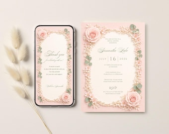 Blush Pink Rose Bridal Shower Invitation Template: (Editable Canva Template)