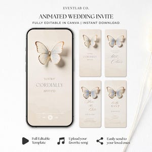 Puede incluir: Una plantilla de invitación de boda animada con un diseño de mariposa. El diseño incluye un teléfono inteligente que muestra el texto de la invitación "You're Cordially Invited", y cuatro tarjetas con acentos de mariposa. El texto "EVENTLAB CO." y "ANIMATED WEDDING INVITE" también son visibles.