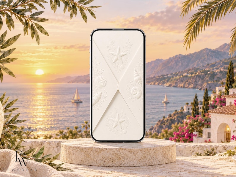 May include: A smartphone displaying a white envelope-style case with embossed seashell and starfish patterns on the back. The case features a central fold design with detailed marine life textures, including various shells and starfish, presented in a clean, off-white finish.
