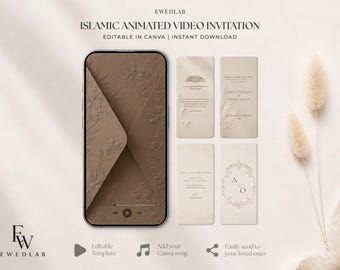 May include: A smartphone displaying a brown envelope graphic with floral embossing and a media player interface, alongside four vertical digital invitation cards featuring text including "Misha Siddiqui and Omar Khan" and "A & O" in a decorative frame.