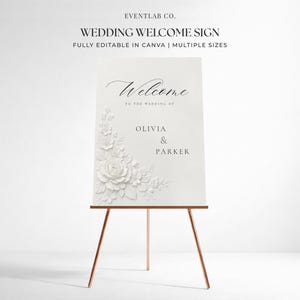 Letrero minimalista de bienvenida para bodas con diseño de hojas: plantilla elegante en lienzo con relieve (descarga imprimible en varios tamaños).