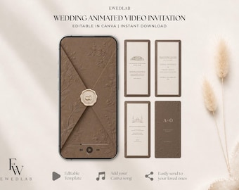 May include: A smartphone displaying a brown floral envelope with a wax seal, alongside four rectangular invitation cards featuring text, wedding details, and the initials A+O, all presented as an editable digital template.