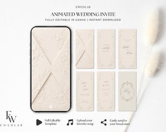 May include: A digital animated wedding invitation template displayed on a smartphone screen and five separate vertical panels. The design features a cream-colored background with embossed floral patterns, elegant serif typography, and a play button icon.