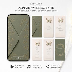 Peut inclure: Un modèle de faire-part de mariage animé par EVENTLAB CO. affiché sur un écran de smartphone et sous forme de cartes numériques individuelles. Le design présente des enveloppes vert sauge avec des motifs de feuilles en relief, des cartes crème avec des papillons et du texte en écriture élégante.