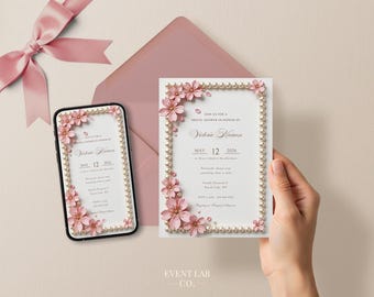 Elegant Pearl Bridal Shower Invitation Template + Pink Cherry Blossom Electronic Card, Instant Download