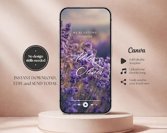Invitación de boda elegante en formato de vídeo color lavanda: Plantilla digital de invitación móvil con diseño floral morado (descarga instantánea)