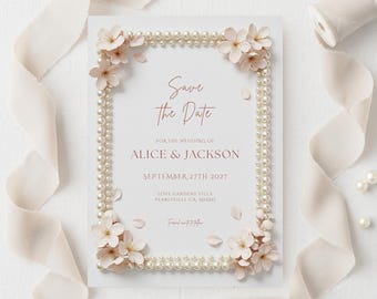 Elegant Pearls & Cherry Blossom Pearl Save the Date Invitation (Digital Template)