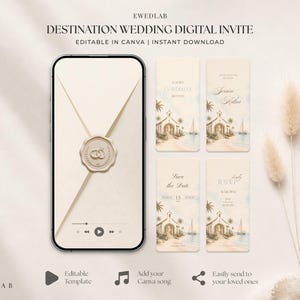 Op de afbeelding: Een smartphone met een digitale trouwuitnodiging met een waszegelafbeelding, naast vier verticale kaarten met een illustratie van een strandkerk, palmbomen en een zeilboot. De tekst bevat DESTINATION WEDDING DIGITAL INVITE.