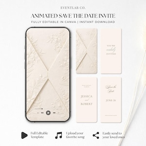 Puede incluir: Un teléfono inteligente que muestra una invitación animada de reserva de fecha con un diseño de sobre floral color crema, junto a cuatro tarjetas digitales rectangulares con texto que incluye JESSICA AND ROBERT, YOU'RE cordially INVITED y JUNE 26.