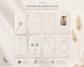 May include: An animated wedding invitation template set in a neutral beige color palette. The digital cards feature elegant typography, floral illustrations, a photo placeholder, and QR codes. The design includes an envelope with a wax seal.