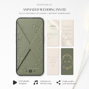 May include: A digital animated wedding invitation template displayed on a smartphone screen featuring a sage green envelope with embossed floral details. Beside the phone are three vertical cards with text and a gold ornate monogram frame.