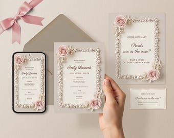 Pearl Bridal Shower Invitation Set: Blush Floral, Editable Canva Template (Digital Download)