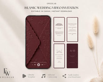 May include: A digital Islamic wedding video invitation template featuring a deep burgundy envelope with embossed floral patterns on a smartphone screen, alongside four rectangular cards with white and burgundy text layouts.