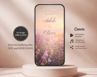 Invitación de boda elegante en formato de vídeo color lavanda: Plantilla digital de invitación para teléfono con diseño floral morado (descarga instantánea)