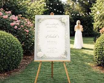 Elegant Pearl & Rose Bridal Shower Welcome Sign Template: Sage Green Themed (Editable in Canva)