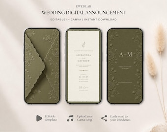 May include: Three smartphones displaying a digital wedding announcement template. The screens show an olive green envelope with floral embossing, a cream-colored invitation card with text for Alexandra and Matthew, and an olive green cover with initials A and M.
