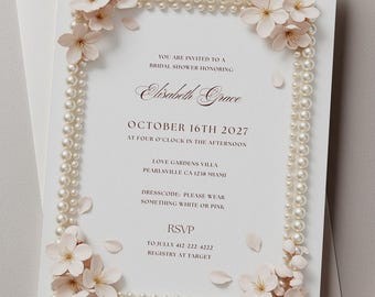 Pearl Bridal Shower Invitation Printable Template + Blush Pink Cherry Blossom Electronic Card, Instant Download