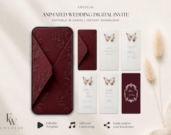 Puede incluir: Un conjunto de plantillas de invitación de boda digital animada que presenta un sobre de color burdeos profundo con detalles florales en relieve, tarjetas blancas con ilustraciones de mariposas y texto que incluye "You're cordially invited", "Save the date" y "RSVP".