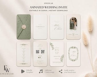 May include: An animated wedding invitation template set featuring a sage green envelope with a wax seal, and seven cream-colored digital cards. The cards display text, a photo of a couple, a timeline, QR codes, and floral wreath illustrations.