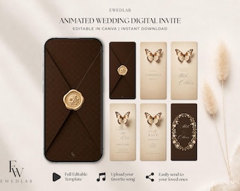 May include: An animated digital wedding invitation template featuring a dark brown envelope with a gold wax seal, alongside several cream and brown cards decorated with butterfly illustrations, floral wreaths, and elegant script text.
