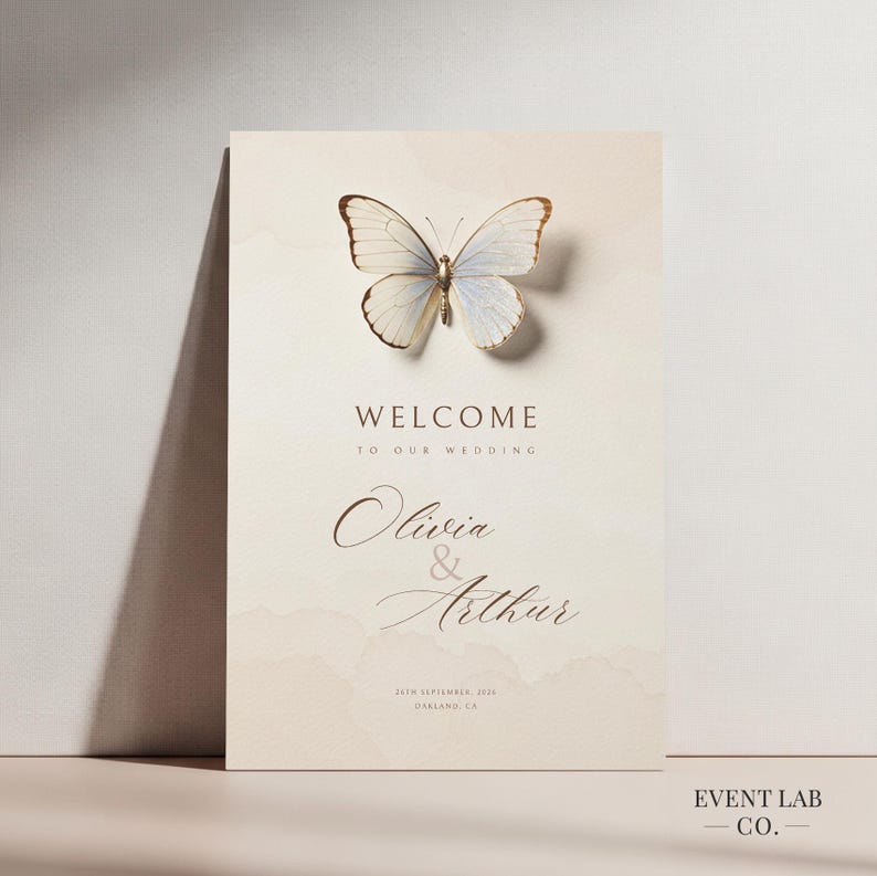 Elegant Butterfly Wedding Welcome Sign Template: Minimal Calligraphy ...
