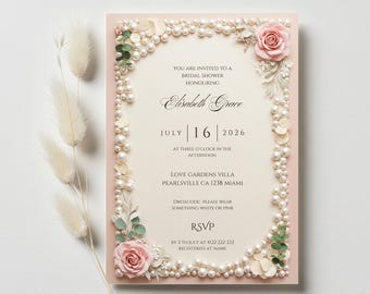 Elegant Pearls and Rose Bridal Shower Invitation Template: Pink Floral Embossed Invite (Digital Download)