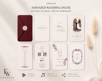 May include: An animated wedding invitation template set featuring a deep burgundy envelope with a wax seal, and seven light-colored digital cards. The cards display text including "You're cordially invited," "RSVP," and "The Details," alongside floral motifs, QR codes, and a photo placeholder.