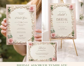 Elegant Rose and Pearl Bridal Shower Invitation Mini Suite (Canva Editable, Digital Download)