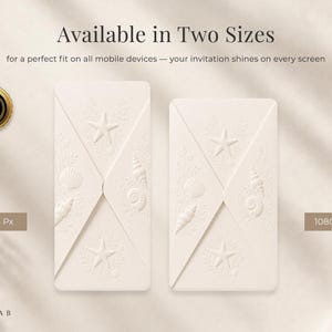 May include: Two off-white rectangular digital invitation templates featuring embossed-style seashell and starfish motifs. Text includes Available in Two Sizes, for a perfect fit on all mobile devices, 1125*2436 Px, 1080 x 1920 Px, and FW EWEDLAB.