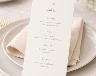 Elegant Wedding Menu Card: Ivory, Pearl Accent (Canva Template 4x8, 4x9)