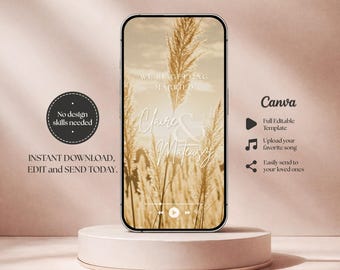 Video de boda de lujo e invitación digital: Invitación digital editable con diseño de hierba de la Pampa, descarga instantánea.